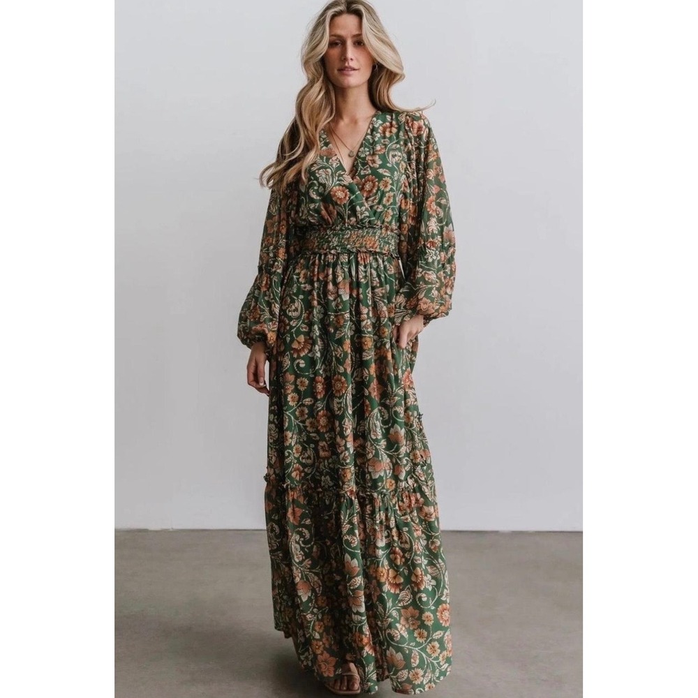 Baltic Born Floral Smocked Maxi Dress Large Green Boho Tiered ID18895-FL